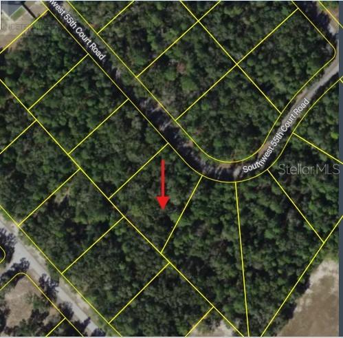 An aerial map shows a wooded, undeveloped residential lot outlined in yellow with a red arrow — 0 SW 55TH COURT ROAD, OCALA, FL