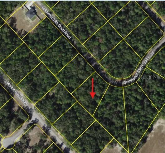 This is an aerial map showing a vacant, wooded residential lot marked with a red arrow — 0 SW 55TH COURT ROAD, OCALA, FL