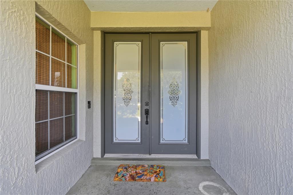 A front entryway features double gray doors with decorative glass panels and a concrete porch — 23354 OAK PRAIRIE CIRCLE, SORRENTO, FL
