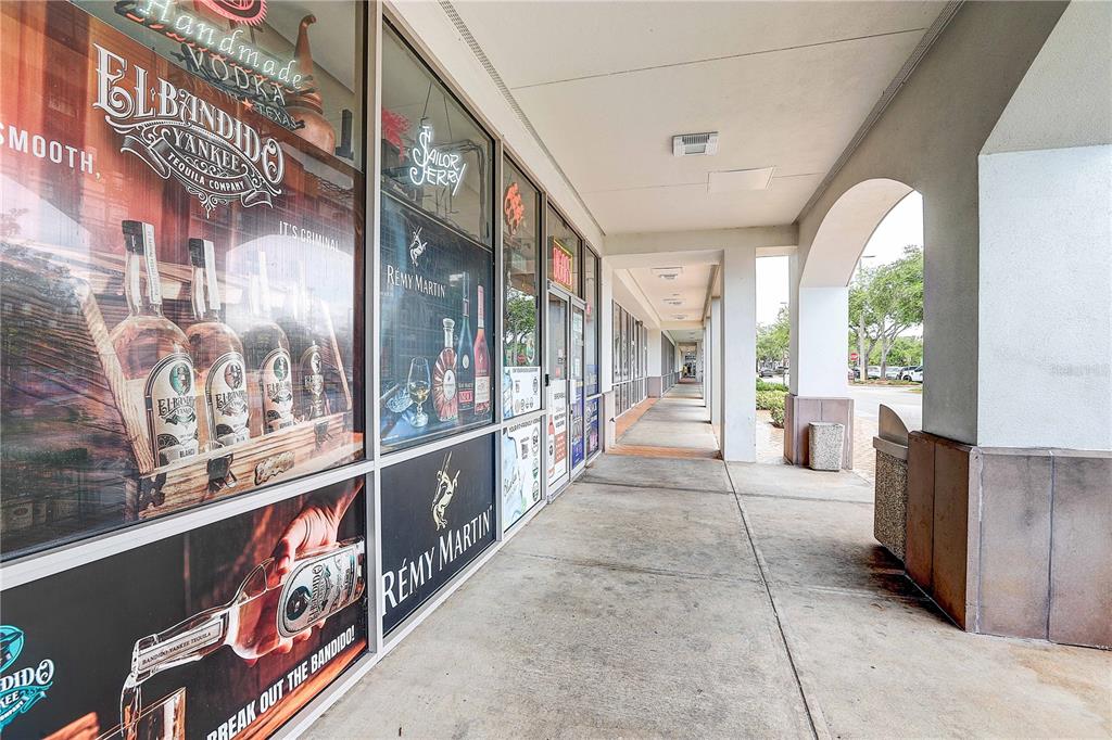 A concrete walkway runs alongside a storefront with large window advertisements for liquor brands — BRUCE B DOWNS BOULEVARD, TAMPA, FL