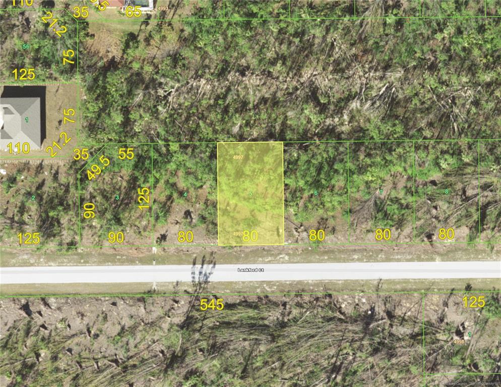 This is a satellite map showing a highlighted rectangular residential lot along a paved road — 16042 LANKFORD COURT, PORT CHARLOTTE, FL
