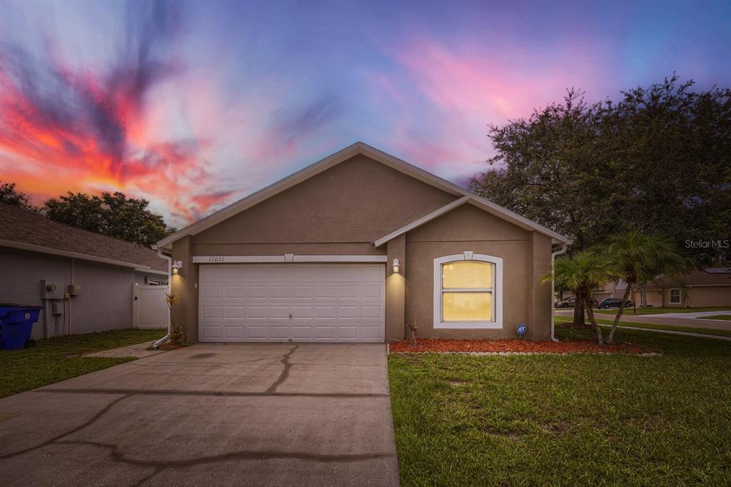 A single-story house with a two-car garage and a concrete driveway under a sunset sky — 17037 HOLMBY COURT, LAND O LAKES, FL