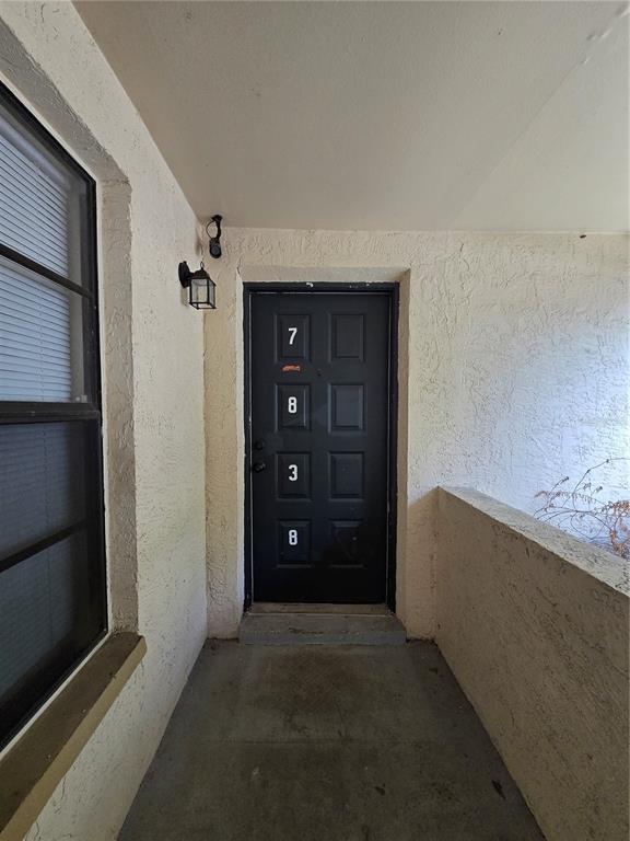 A black front door with the number 7838 is set in a textured stucco entryway — 7838 NIAGARA AVENUE UNIT 305, TAMPA, FL