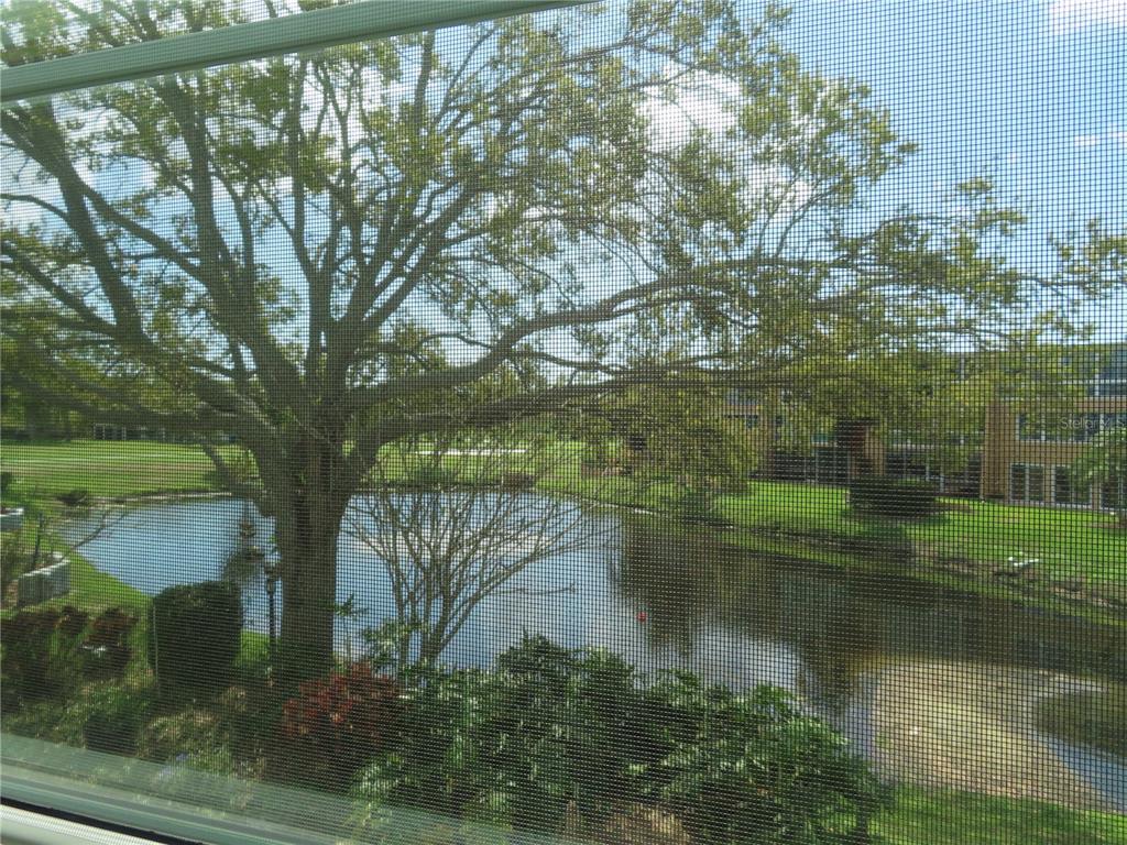 A view of a pond and trees seen through a window screen — 225 COUNTRY CLUB DRIVE UNIT C225, LARGO, FL