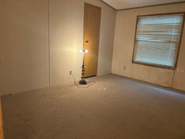 An empty bedroom features beige carpet, paneled walls, a wooden door, and a window with blinds — 6594 N GOLD LEAF POINT, DUNNELLON, FL