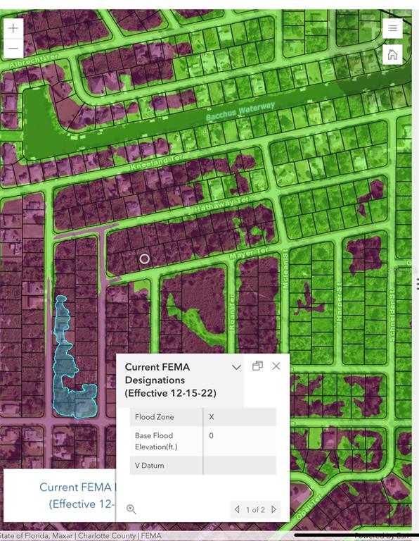 This map displays FEMA flood zone designations for a residential neighborhood with highlighted property boundaries — 12356 and 12348 MAYER TERRACE, PORT CHARLOTTE, FL