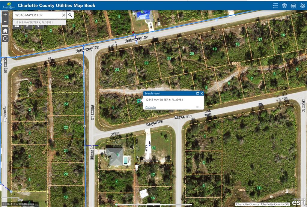 This is a satellite map showing a residential lot and surrounding streets in Charlotte County — 12356 and 12348 MAYER TERRACE, PORT CHARLOTTE, FL