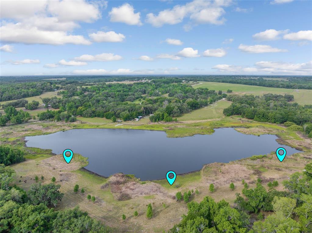 An aerial view shows a large pond surrounded by grassy fields and wooded areas — 0 19-24-21-0000-00600-0010, DADE CITY, FL