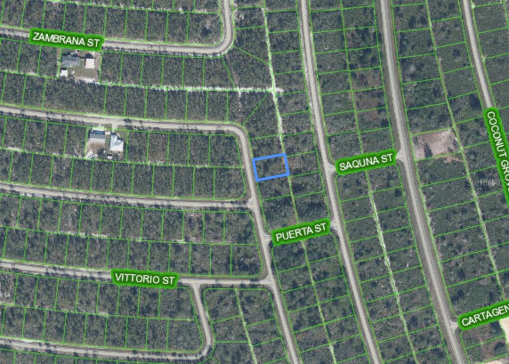 An aerial map view shows a highlighted rectangular vacant lot situated between two paved streets — 7524 YUMURI STREET, SEBRING, FL