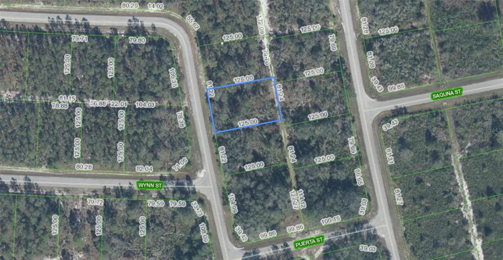 This is an aerial map showing a rectangular parcel of land highlighted in blue — 7524 YUMURI STREET, SEBRING, FL
