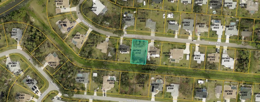 This is an aerial map showing a highlighted vacant residential lot on a suburban street — WATOVA AVENUE, NORTH PORT, FL