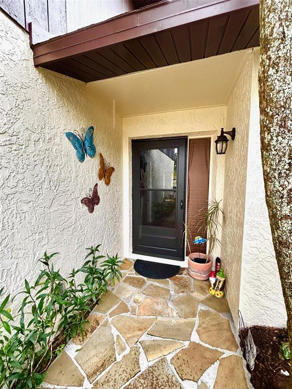 A stone-paved entryway features a dark front door, butterfly wall decor, and a potted plant — 8034 BADGER LANE, NEW PORT RICHEY, FL