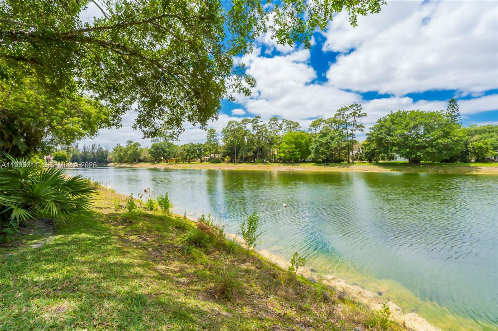 A grassy bank overlooks a calm lake surrounded by trees under a cloudy blue sky — 5328 E Leitner Dr, Coral Springs FL 33067, CORAL SPRINGS, FL