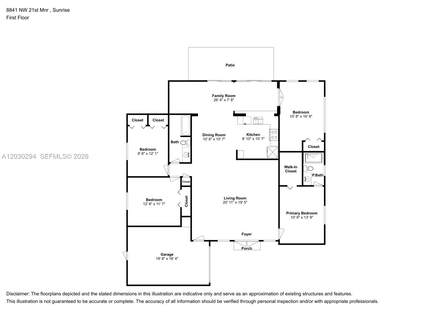 This is a floor plan of a single-story house featuring four bedrooms and a garage — SUNRISE, FL