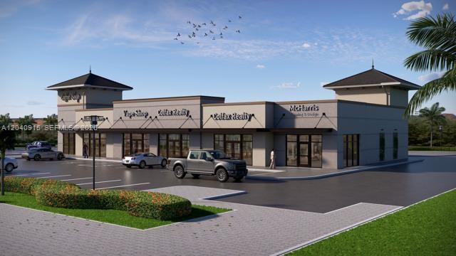 This is a digital rendering of a modern commercial strip mall with a parking lot — 9985 Estero Oaks Dr # 2, Estero FL 33967, ESTERO, FL