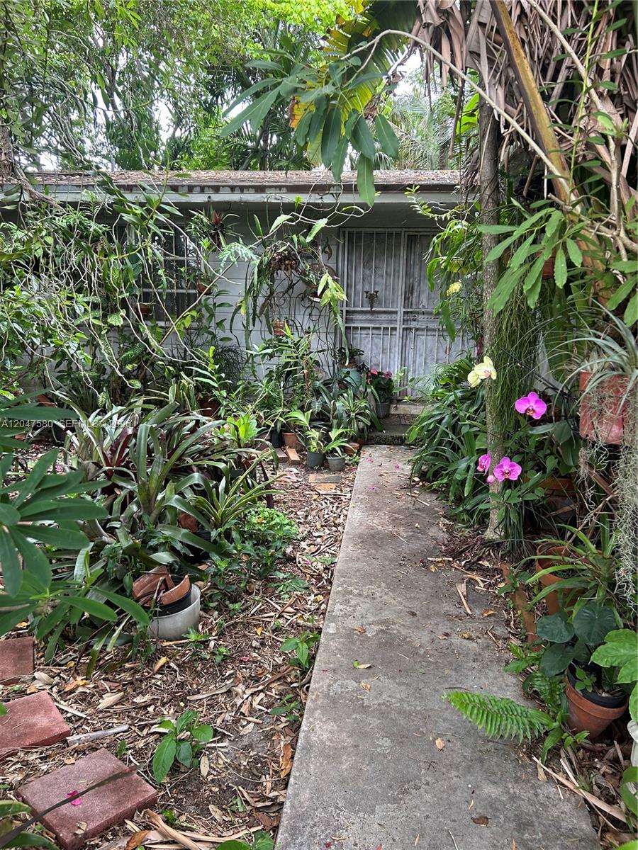 A concrete walkway leads to a house entrance surrounded by numerous potted plants and foliage — 8285 SW 47th St, Miami FL 33155, MIAMI, FL