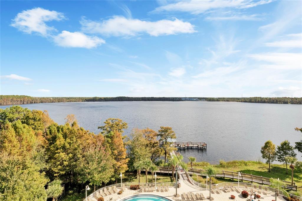 An elevated view of a lake with a wooden pier, surrounding trees, and a pool deck — 13415 BLUE HERON BEACH DRIVE UNIT 606, ORLANDO, FL