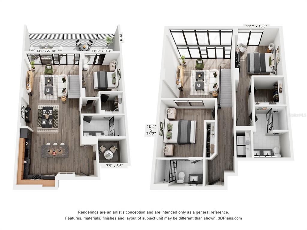 This is a 3D floor plan rendering of a two-story apartment with multiple bedrooms and bathrooms — 221 MAIN STREET N UNIT PH 1603, ST PETERSBURG, FL