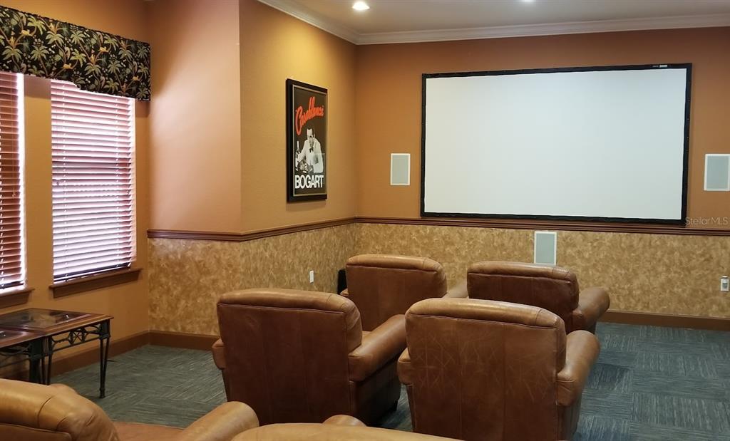 A home theater room features a large projection screen, leather seating, and tan walls — 4335 NW 48TH STREET UNIT 105, GAINESVILLE, FL