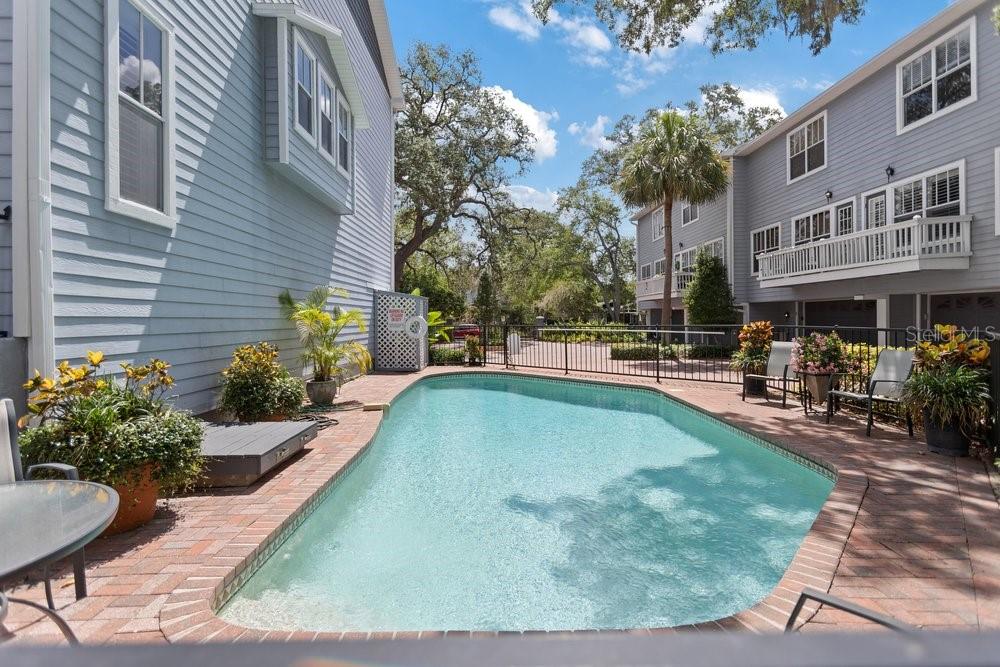A rectangular swimming pool sits on a brick patio between two light blue houses — 919 S ROME AVENUE UNIT 8, TAMPA, FL