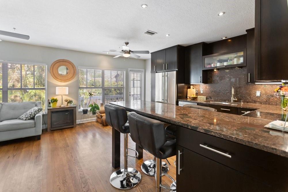 A kitchen with dark cabinets and granite countertops overlooks a living area with wood floors — 919 S ROME AVENUE UNIT 8, TAMPA, FL