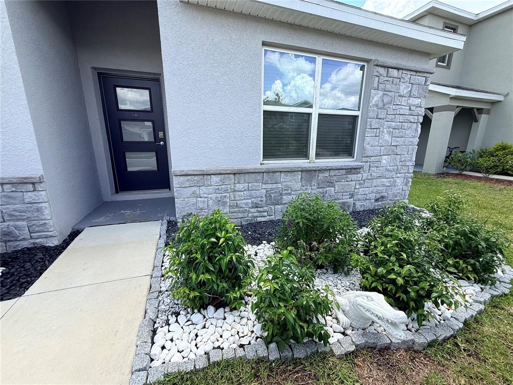 A gray house exterior features a dark front door, stone veneer, and a landscaped garden — 31800 OYSTER TRELLIS LANE, WESLEY CHAPEL, FL