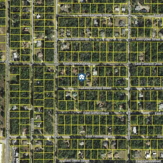 This is an aerial map showing residential property lots and street layouts — 3061 E SCOFIELD STREET, INVERNESS, FL