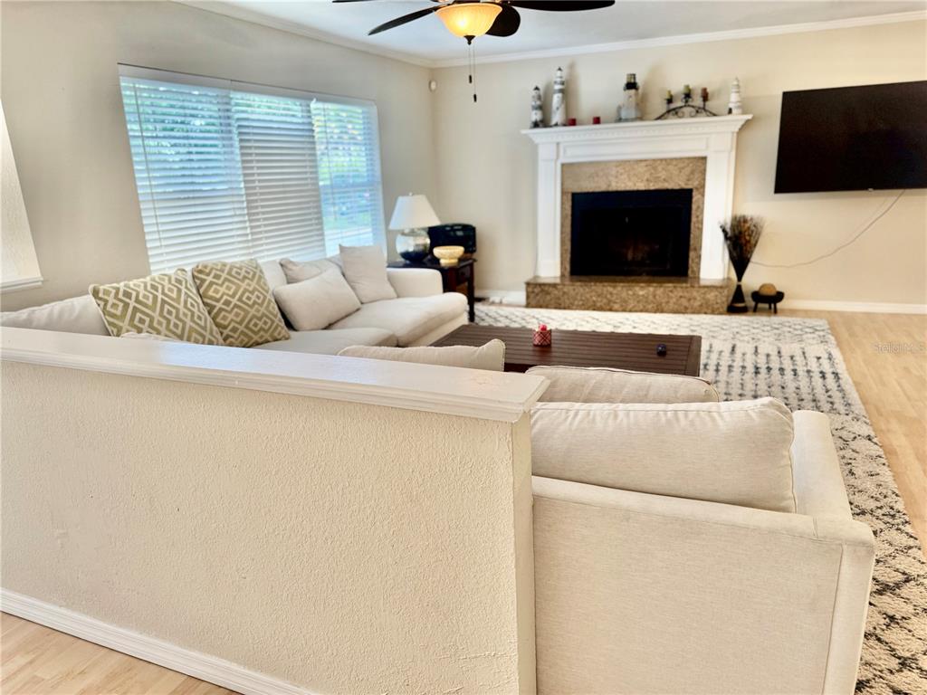 A living room features a fireplace, a large sectional sofa, and a patterned area rug — 419 KENTUCKY AVENUE, CRYSTAL BEACH, FL