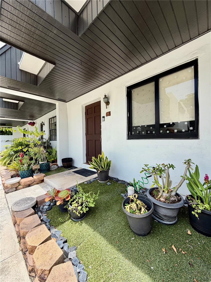A front entrance with a brown door, dark wood ceiling, and potted plants on turf — 6667 Miller Dr # 15, South Miami FL 33155, SOUTH MIAMI, FL