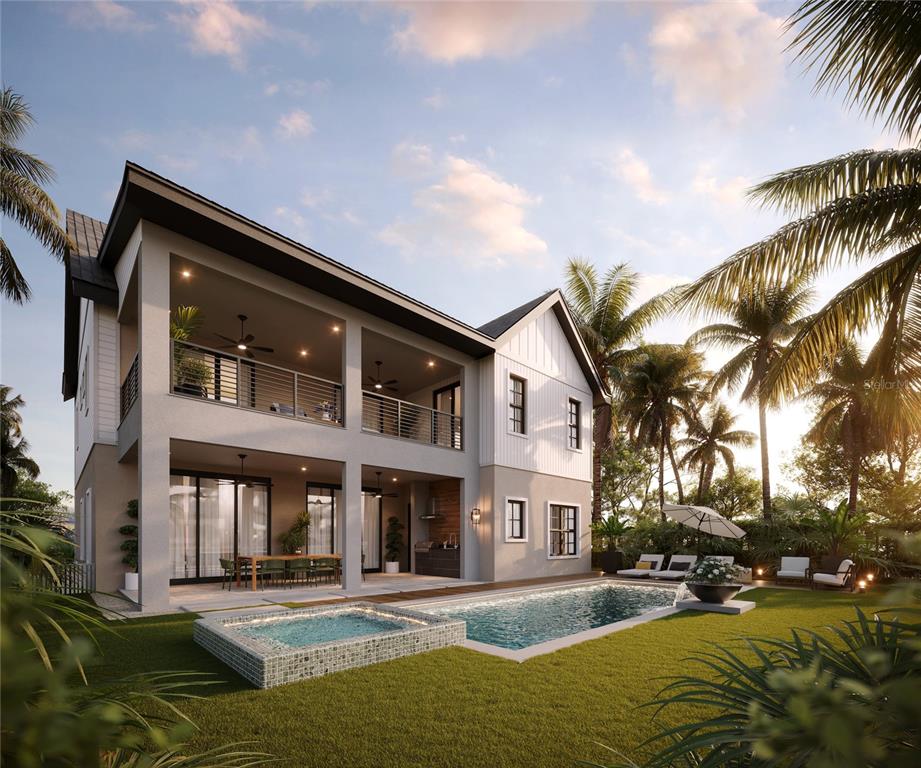 This architectural rendering shows the rear exterior of a two-story house with a pool — 1173 PRADO LANE, OAKLAND, FL