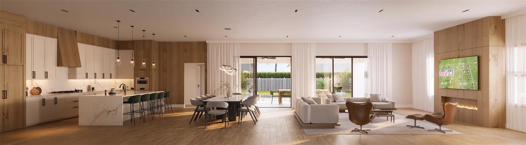 This rendering shows an open-concept kitchen, dining area, and living room with modern wood finishes — 1173 PRADO LANE, OAKLAND, FL