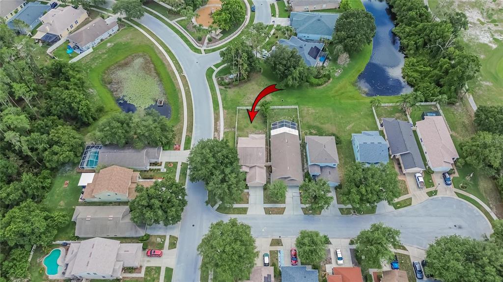 Aerial view of a suburban neighborhood featuring houses with pools and surrounding green spaces — 21040 GREEN WING COURT, LAND O LAKES, FL