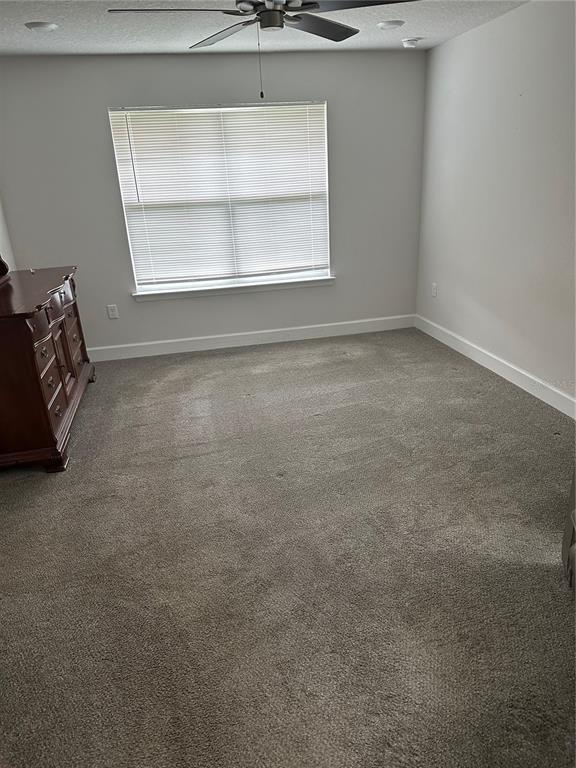 A bedroom with gray carpet, light walls, a ceiling fan, and a wooden dresser — 14 PRIMROSE LANE, PALM COAST, FL