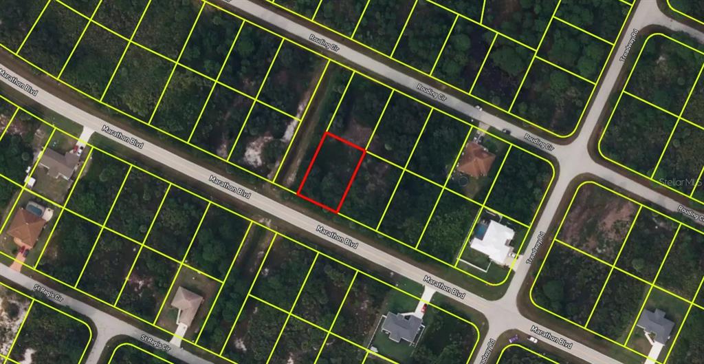 This is an aerial map view showing a vacant, rectangular lot outlined in red — 13224 MARATHON BOULEVARD, PORT CHARLOTTE, FL