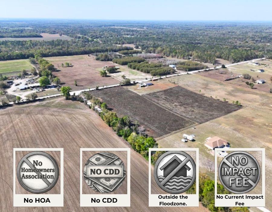 An aerial view shows a large, undeveloped plot of land with four informational icons below — NW 50 STREET, BELL, FL