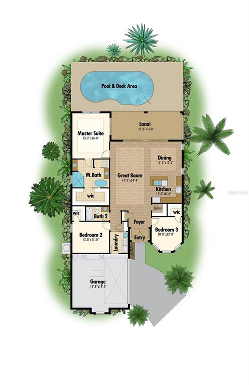 This is a floor plan showing a three-bedroom house with a garage, pool, and lanai — 6782 PAIGO LANE, NORTH PORT, FL