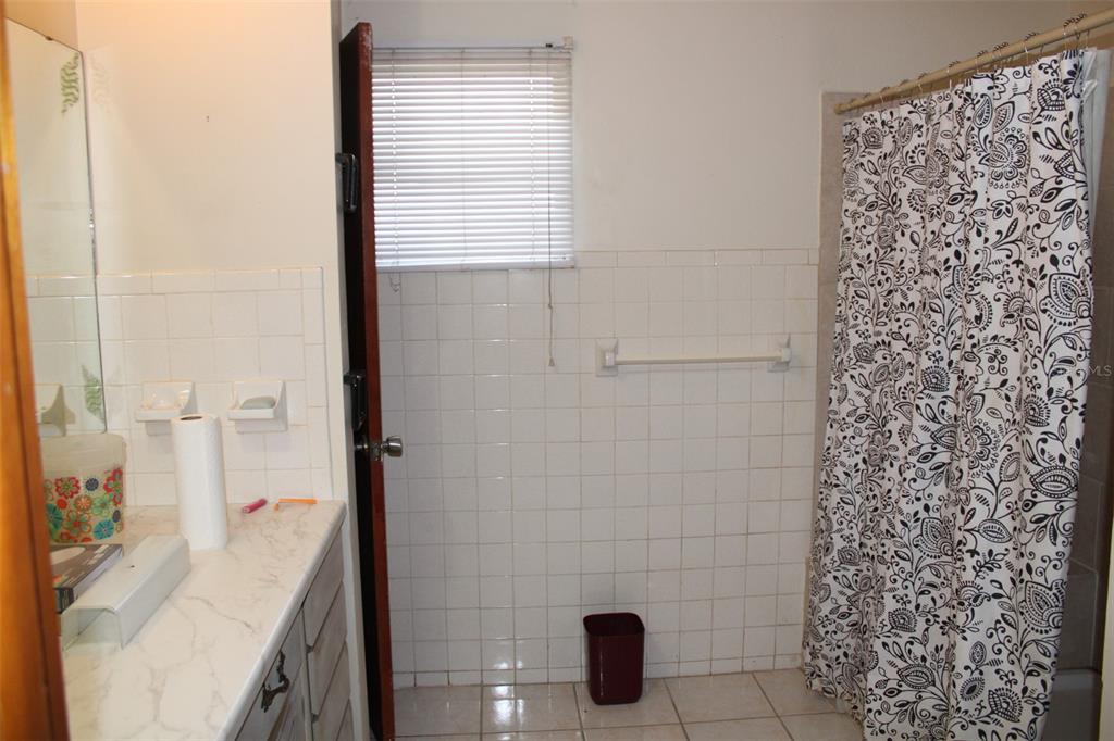 A bathroom features a vanity with a marble-look countertop, white wall tiles, and a patterned shower curtain — 3504 E 24TH AVENUE, TAMPA, FL
