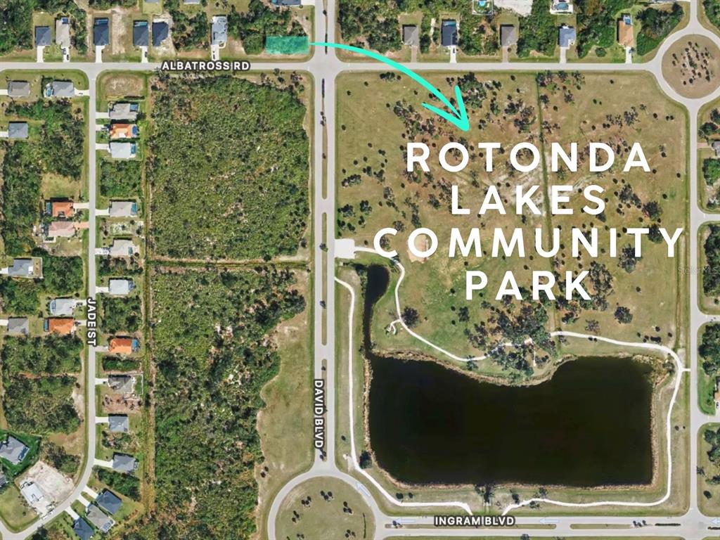 This is an aerial map showing the Rotonda Lakes Community Park and surrounding residential streets — 118 DAVID BOULEVARD, ROTONDA WEST, FL