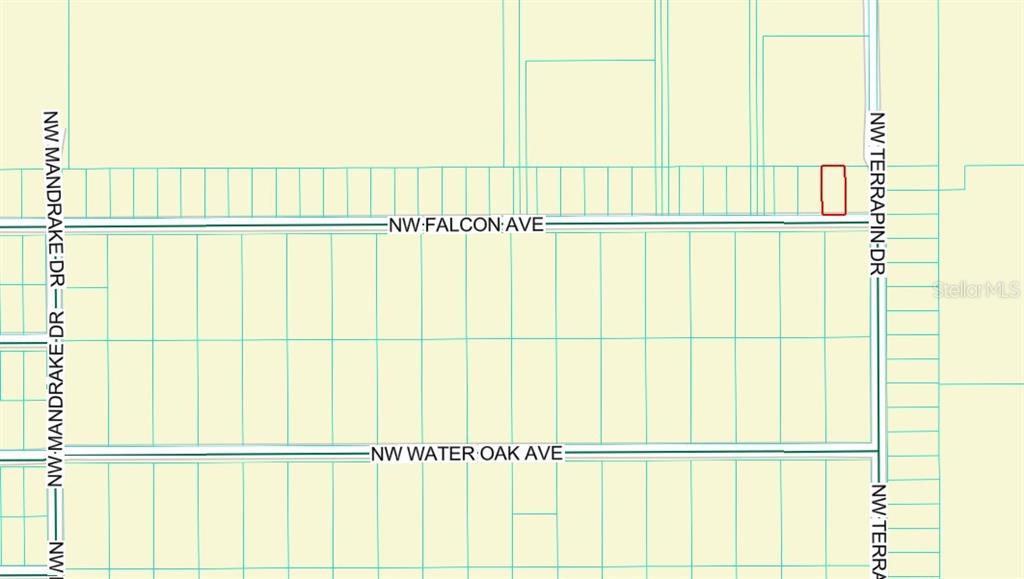 This is a map showing a residential lot highlighted in red near street intersections — TBD NW FALCON AVE, LOT 33, DUNNELLON, FL