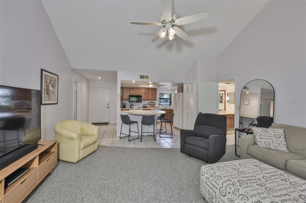 A living room with carpeted flooring, a ceiling fan, and an open view into the kitchen — 1305 SPRY COURT, SUN CITY CENTER, FL