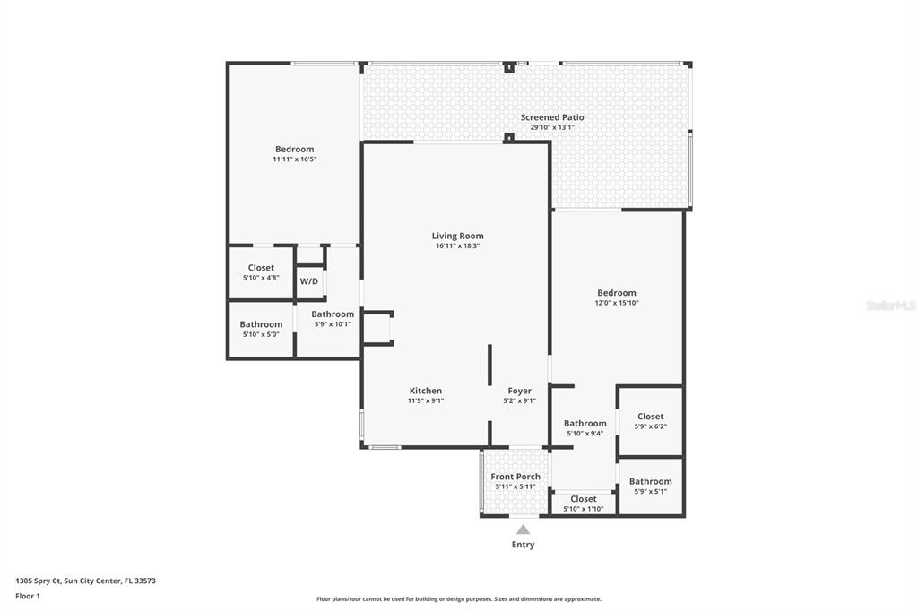 This is a floor plan for a residential property with two bedrooms and multiple bathrooms — 1305 SPRY COURT, SUN CITY CENTER, FL