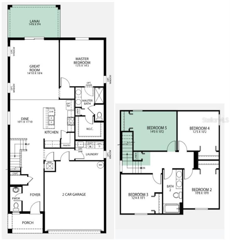 This floor plan shows a two-story home with a garage, five bedrooms, and a lanai — 3824 BLUETHREAD WAY, POINCIANA, FL