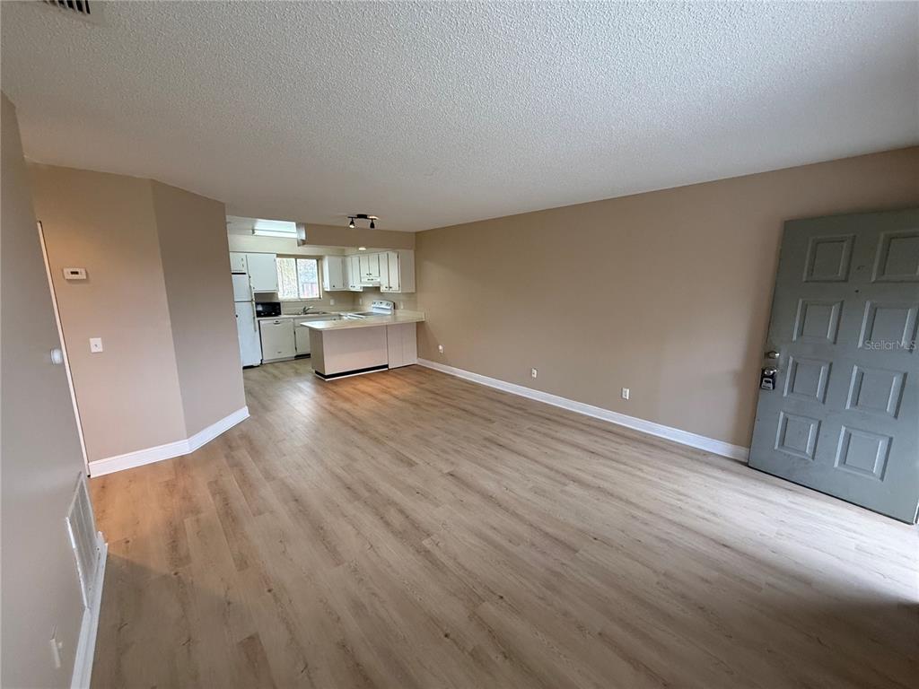 An open-concept living area features light wood-look flooring, beige walls, and an adjacent kitchen — 7340 SWALLOW RUN UNIT 7340, WINTER PARK, FL