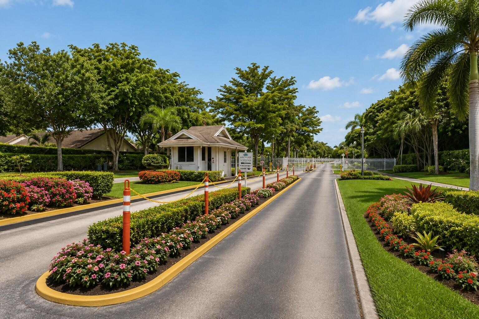 A gated entrance with a guardhouse, landscaped flower beds, and a paved road — 10039 53rd Way S # 2303, Boynton Beach FL 33437, BOYNTON BEACH, FL