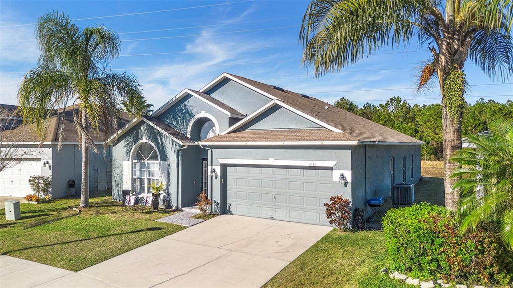 A single-story house with a gray stucco exterior, a two-car garage, and two palm trees — 1739 CANOE CREEK FALLS DRIVE, ORLANDO, FL