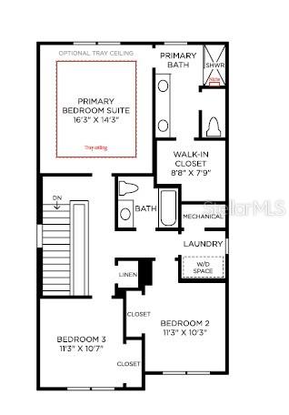 This is a floor plan showing the layout of a three-bedroom residential upper level — 2608 LONG PINE AVENUE, APOPKA, FL