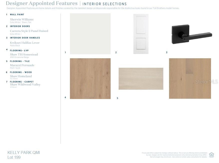 This image displays a list of interior design selections including paint, doors, hardware, and flooring — 2608 LONG PINE AVENUE, APOPKA, FL