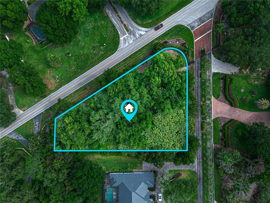 An aerial view shows a wooded, triangular-shaped vacant lot bordered by a road and driveway — 000 LAKESHORE POINTE BOULEVARD, MOUNT DORA, FL