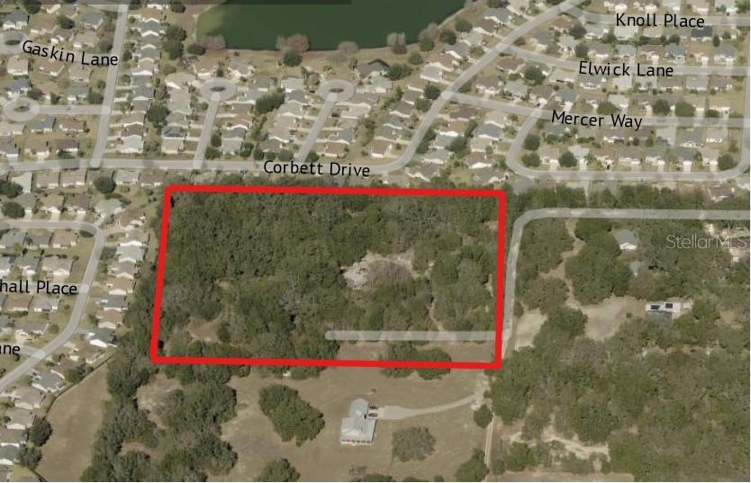 This aerial map shows a rectangular wooded lot outlined in red near a residential neighborhood — 8801 NE 90TH TRAIL, FRUITLAND PARK, FL