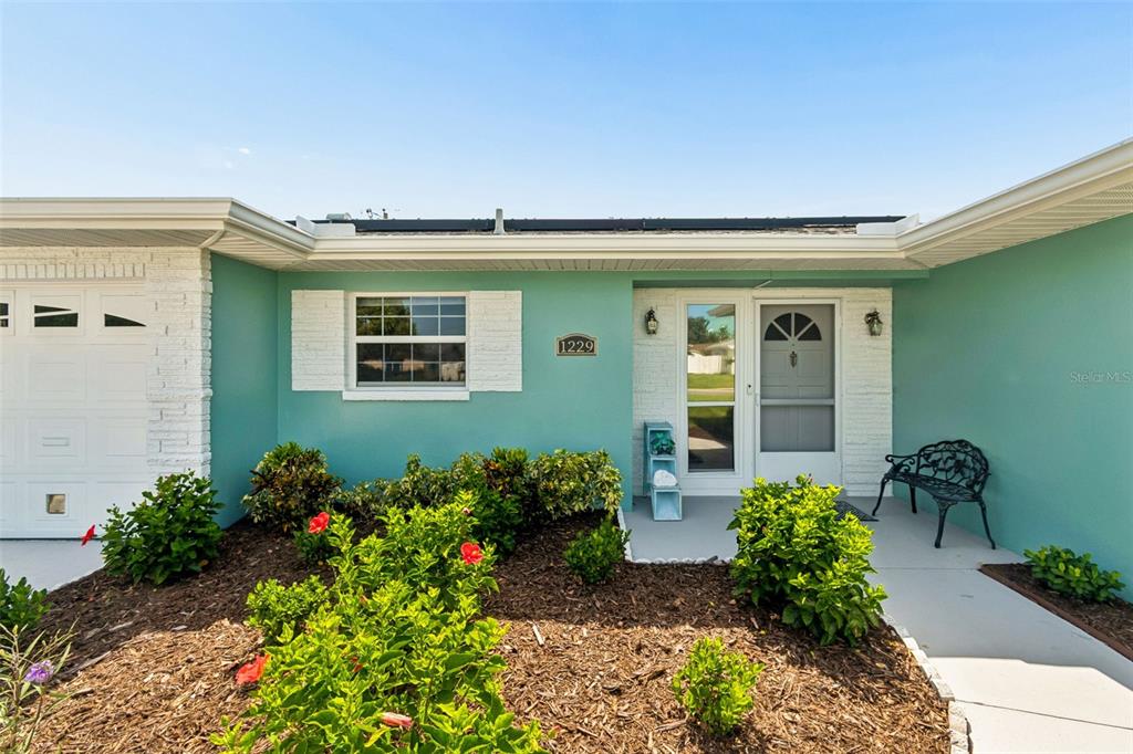 A teal-colored house exterior features a white front door, a window, and landscaped bushes — 1229 GRENADA AVENUE, CLEARWATER, FL